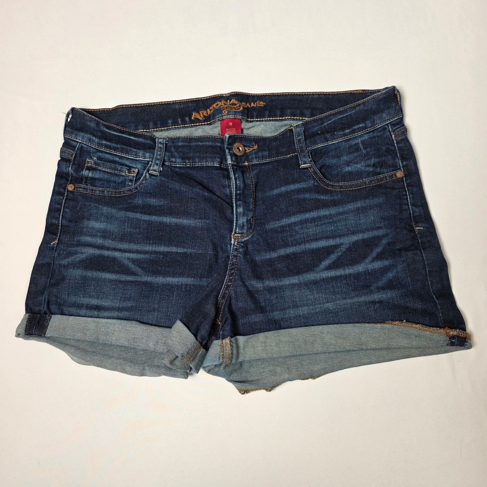 Arizona Jean Co Denim Shorts Womens 13 Dark Blue‎ Wash Cuffed Stretch Whiskered